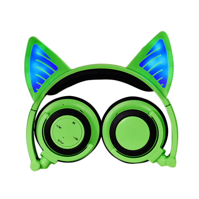 Kids Wireless/ Wired rechargeable Headphones with Cat Ear On-Ear Foldable LED (Green)