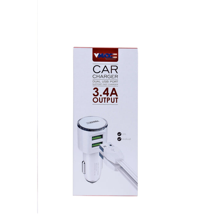 CAR CHARGER DUAL High Speed USB 3.6A + LIGHTNING CABLE 1M White-USB Car Chargers-V-MAX-brands-world.ca
