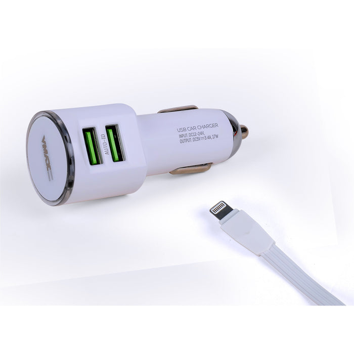 CAR CHARGER DUAL High Speed USB 3.6A + LIGHTNING CABLE 1M White-USB Car Chargers-V-MAX-brands-world.ca