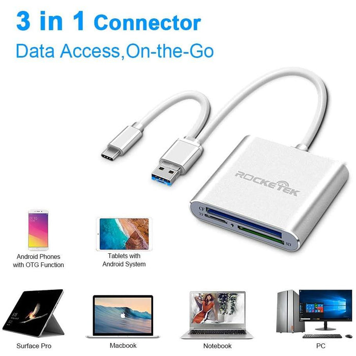 Rocketek 3-in-1 USB 3.0 / C/Micro Card Reader - SD, SDXC, UHS-I SD,...-Card Readers & Adapters-Rocketek-brands-world.ca