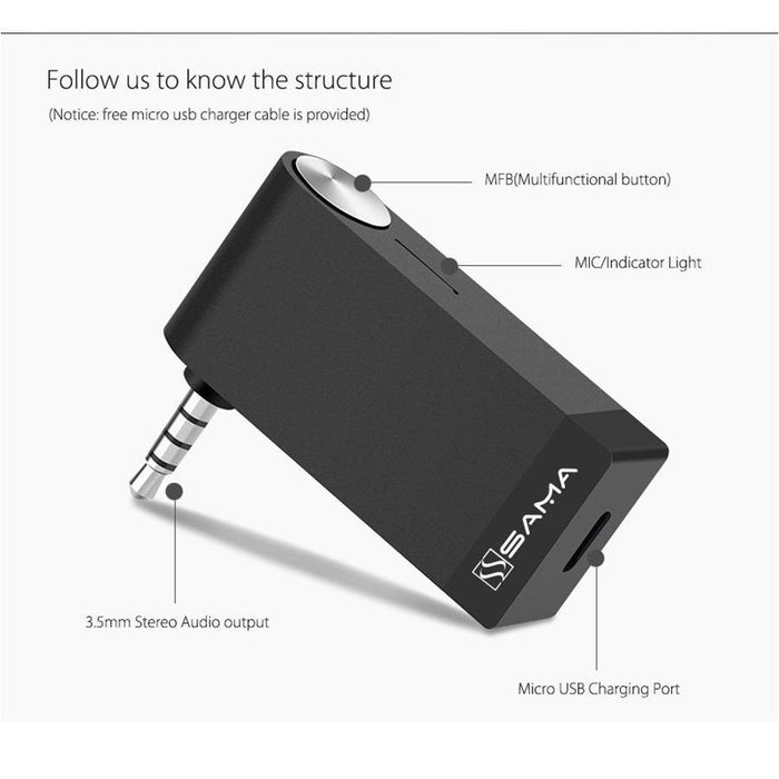 SAMA SA-50202Pro Wireless Bluetooth 4.1 Music Audio Receiver Adapter with Mic & battery-In-Car Bluetooth-SAMA-brands-world.ca