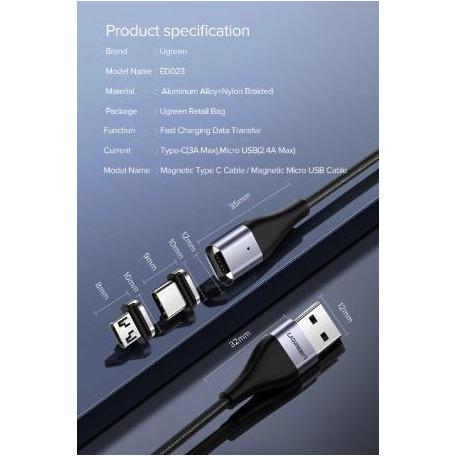 UGREEN Magnetic Cable 1M+Micro B Magnetic Plug (60207+60209 )Grey 1M-Computer USB Cables-UGREEN-brands-world.ca