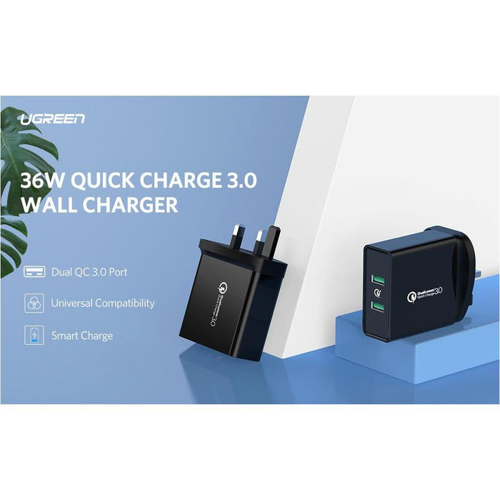 UGREEN USB Charger 36W UK PLUG, QC 3.0 Quick Wall Charger Adapter 2-Port USB Travel Plug-USB Home/Wall Chargers-UGREEN-brands-world.ca