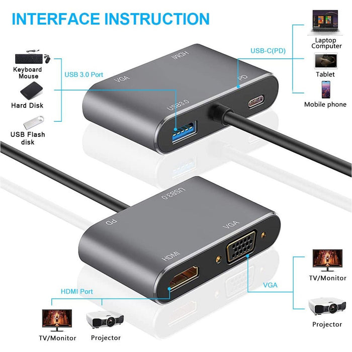 USB C to 4K HDMI VGA Adapter, 4 in 1 Type C Hub with HDMI, 1080P VGA, USB...-External Video Display Adapters-SAMA-brands-world.ca