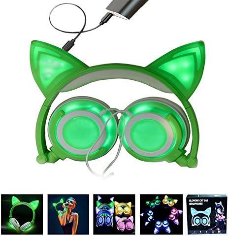 SAMA LED Glow Cat Ear Headphones | Foldable Wired Headset for Kids & Teens (Green/White)