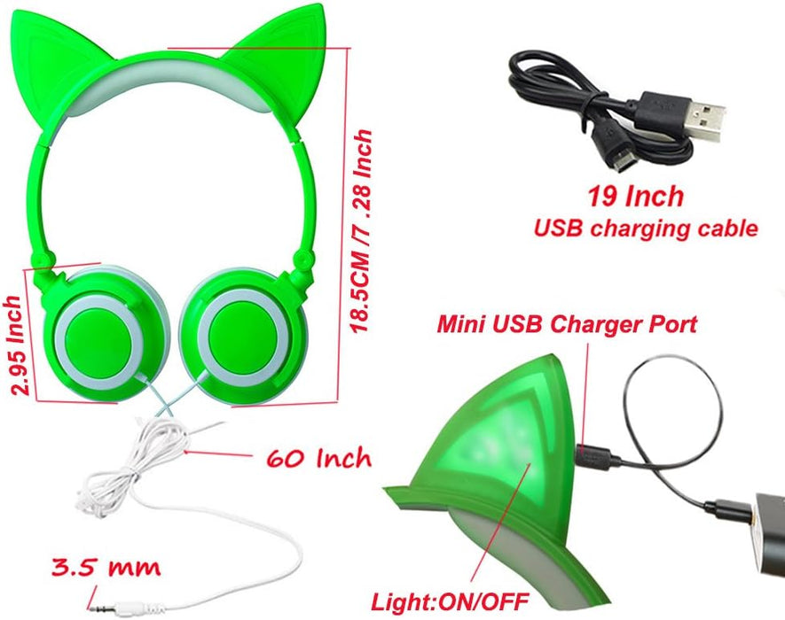 SAMA LED Glow Cat Ear Headphones | Foldable Wired Headset for Kids & Teens (Green/White)