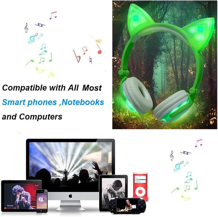 SAMA LED Glow Cat Ear Headphones | Foldable Wired Headset for Kids & Teens (Green/White)
