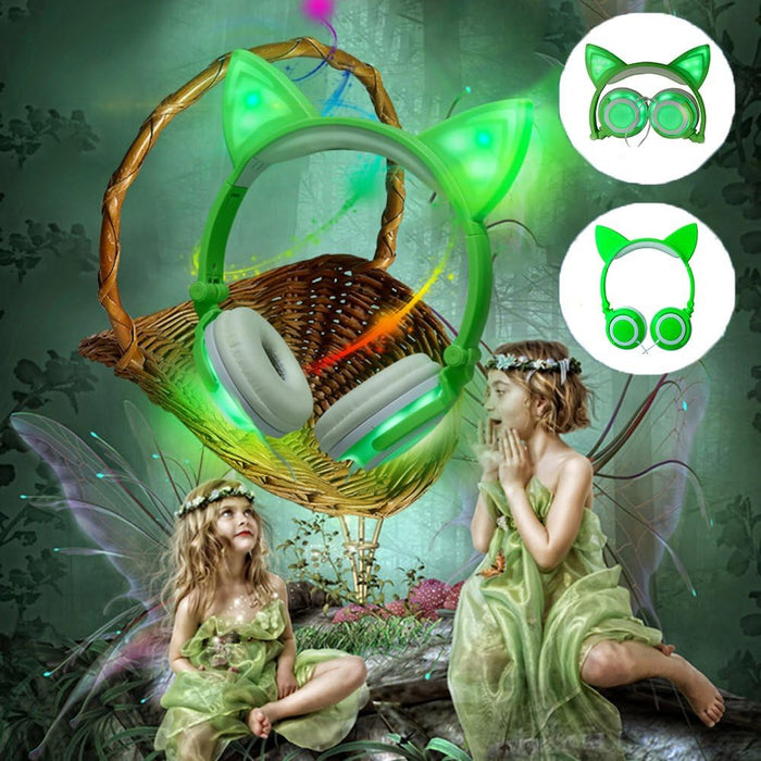 SAMA LED Glow Cat Ear Headphones | Foldable Wired Headset for Kids & Teens (Green/White)