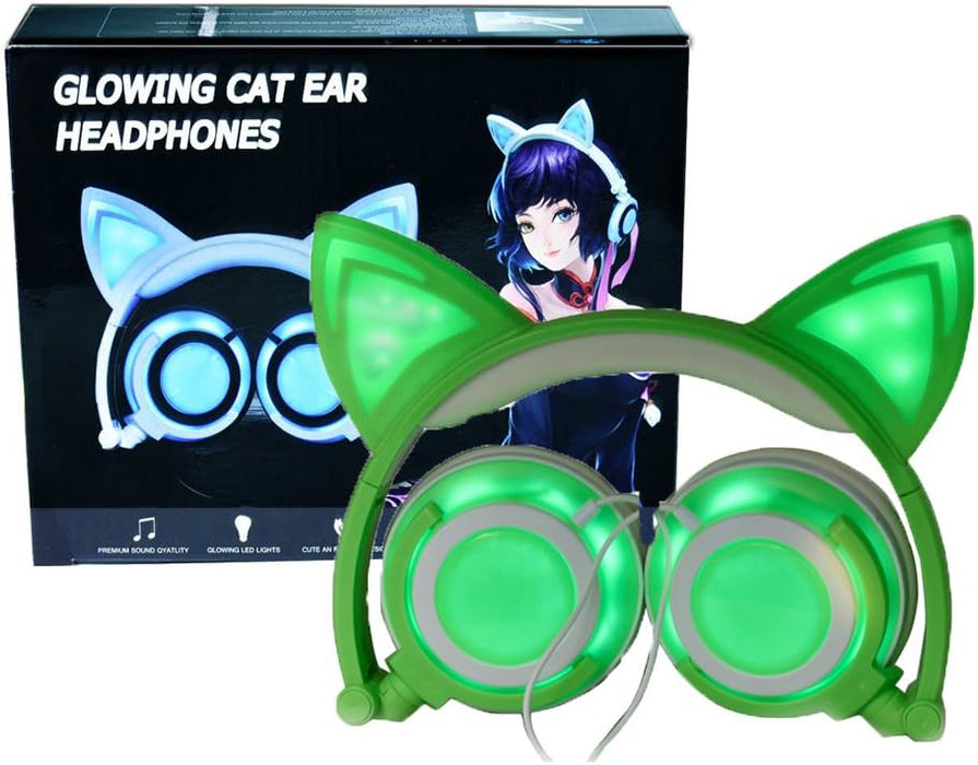SAMA LED Glow Cat Ear Headphones | Foldable Wired Headset for Kids & Teens (Green/White)