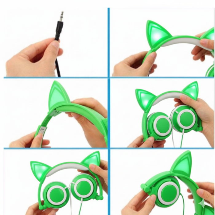 SAMA LED Glow Cat Ear Headphones | Foldable Wired Headset for Kids & Teens (Green/White)