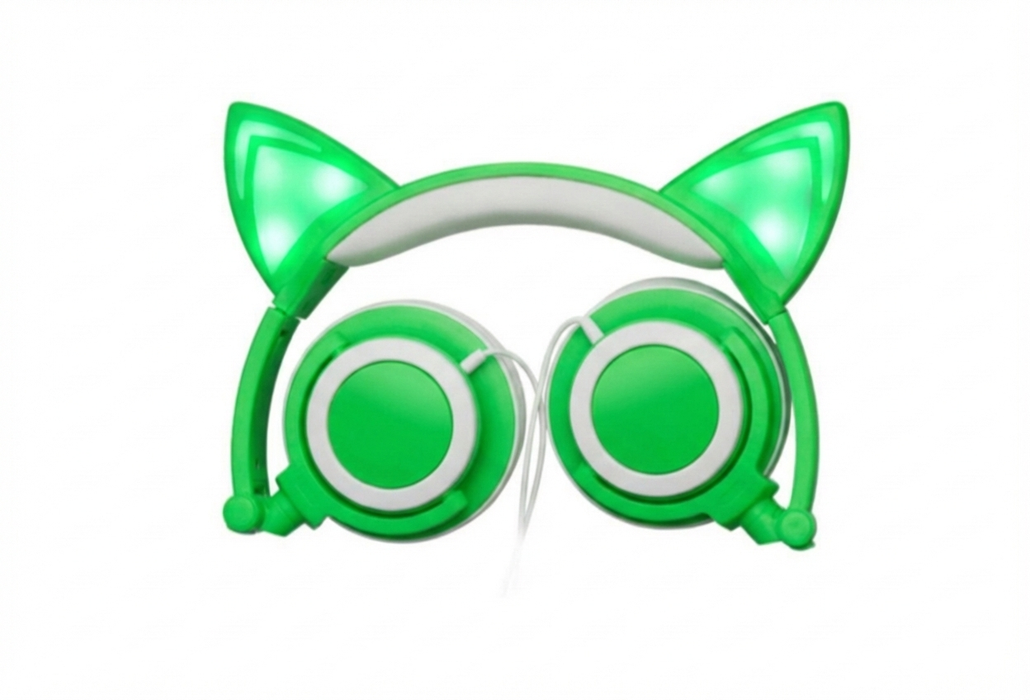 SAMA LED Glow Cat Ear Headphones | Foldable Wired Headset for Kids & Teens (Green/White)