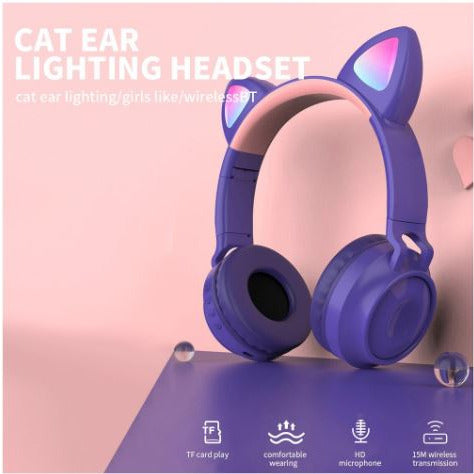 Wireless Bluetooth Headphone Cat Ear Lighting Folding Portable, TF Card/Wired Mode (Purple)