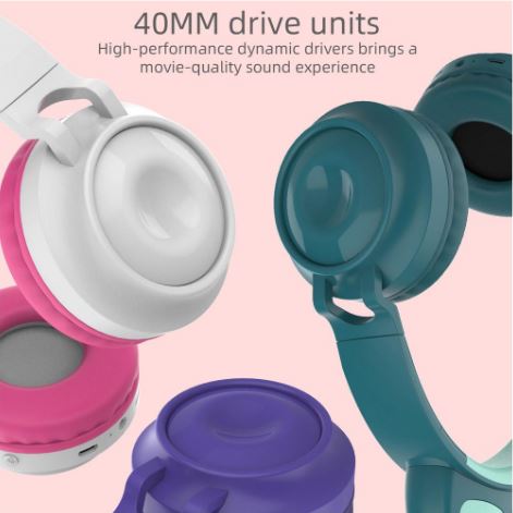 Wireless Bluetooth Headphone Cat Ear Lighting Folding Portable, TF Card/Wired Mode (Purple)