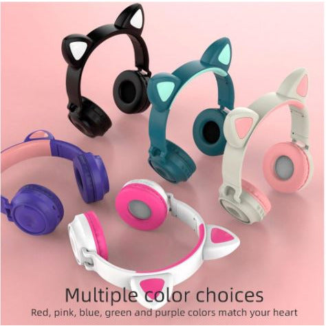 Wireless Bluetooth Headphone Cat Ear Lighting Folding Portable, TF Card/Wired Mode (Purple)