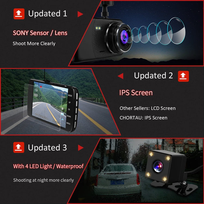 【2021 New Version】CHORTAU Dual Dash Cam Full HD 1080P 170° Camera 4.0...-Backup Cameras-CHORTAU-brands-world.ca