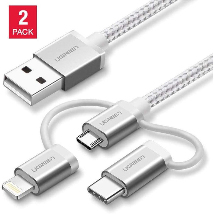 [2Pack] UGREEN Micro USB with Lightning & USB C 1.5M (3 in 1) Data Cable Silver White-USB C Cable-UGREEN-brands-world.ca