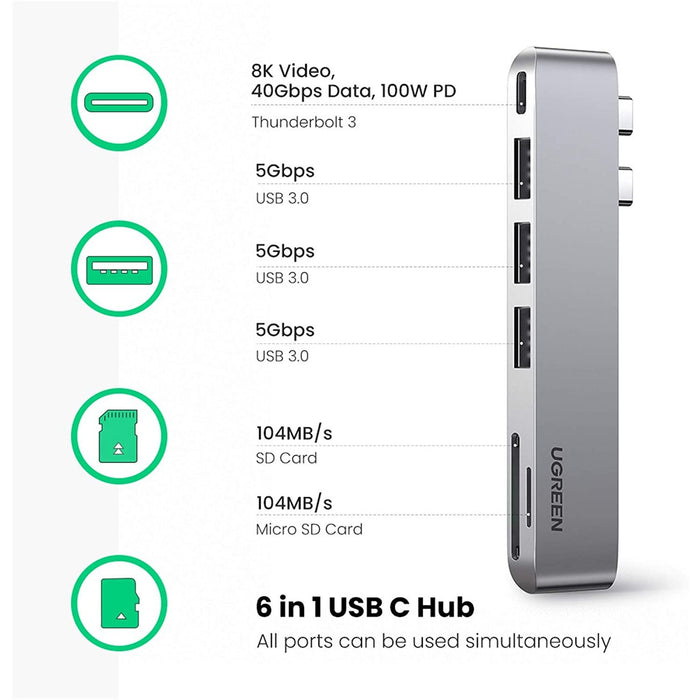 6 in 1 MacBook Pro Adapter Type C Hub with 100W Thunderbolt 3 Power Delivery, SD TF Card Reader 3 USB-USB Hubs-UGREEN-brands-world.ca