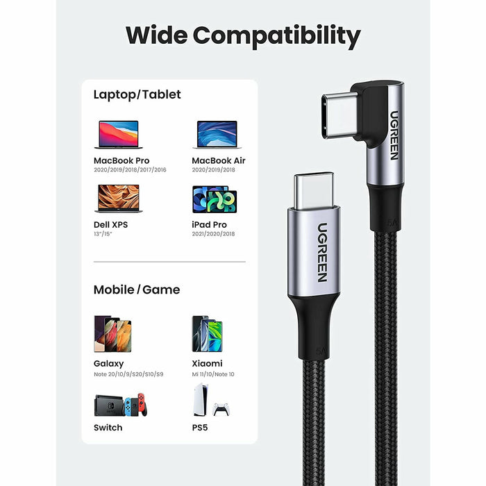 USB C to C cable 5A 100W 90 degree 2.0 Type C power 6 feet UGREEN-brands-world.ca