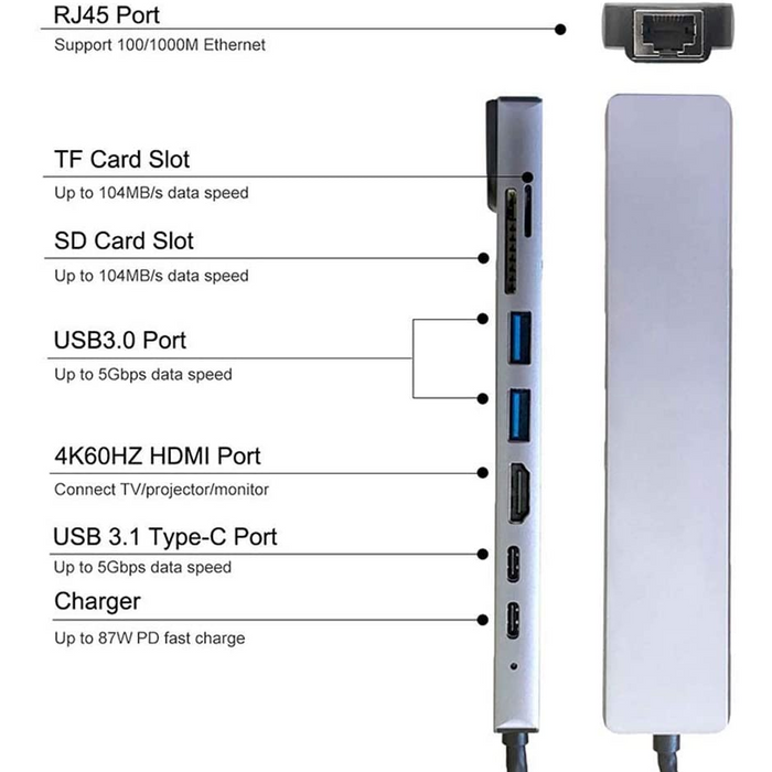 8 in 1 USB-C Hub Adapter Type-C Kabel naar 4K 60hz Converter Ethernet USB 3.0 USB C HUB Dock 1 in 8