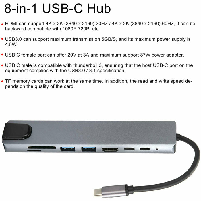 8 in 1 USB-C Hub Adapter Type-C Kabel naar 4K 60hz Converter Ethernet USB 3.0 USB C HUB Dock 1 in 8