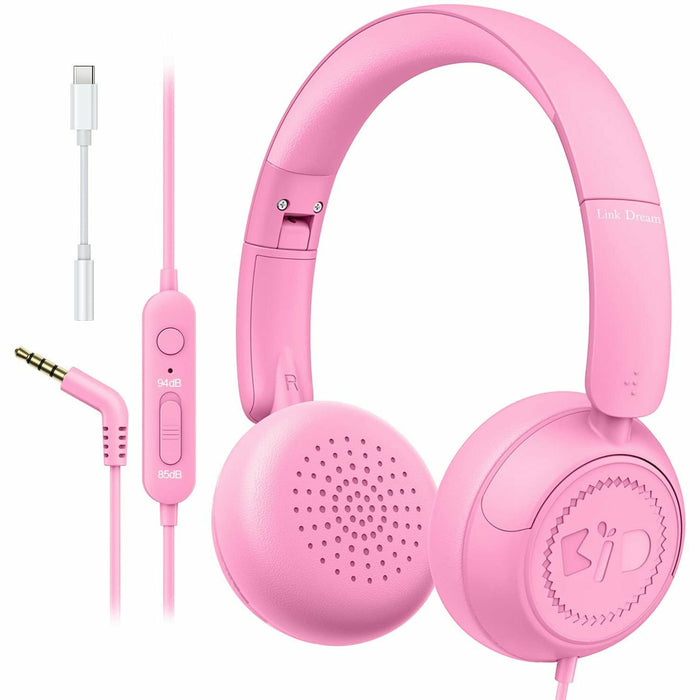 Kids Headphones for School with Microphone On-Ear Folding 85/94dB Volume Control Child Pink (USB-C Adapter Provided)