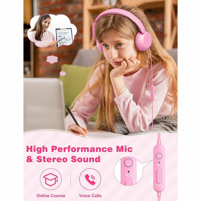 Kids Headphones for School with Microphone On-Ear Folding 85/94dB Volume Control Child Pink (USB-C Adapter Provided)