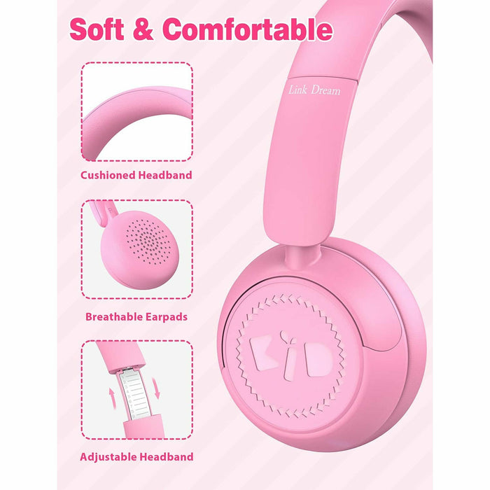 Kids Headphones for School with Microphone On-Ear Folding 85/94dB Volume Control Child Pink (USB-C Adapter Provided)