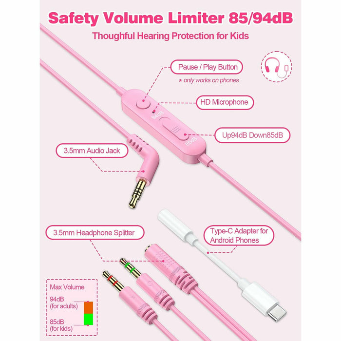 Kids Headphones for School with Microphone On-Ear Folding 85/94dB Volume Control Child Pink (USB-C Adapter Provided)