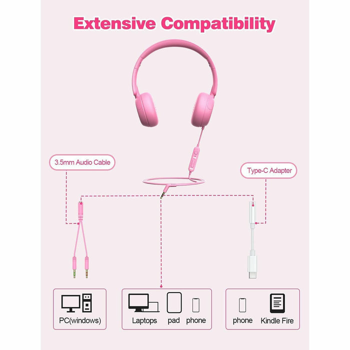 Kids Headphones for School with Microphone On-Ear Folding 85/94dB Volume Control Child Pink (USB-C Adapter Provided)