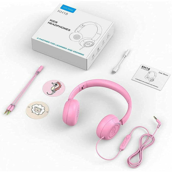 Kids Headphones for School with Microphone On-Ear Folding 85/94dB Volume Control Child Pink (USB-C Adapter Provided)