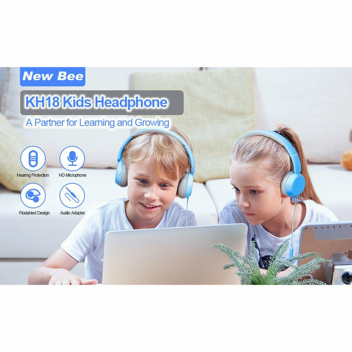 Kids Headphones for School with Microphone On-Ear Folding 85/94dB Volume Control Child Blue(USB-C Adapter Provided)