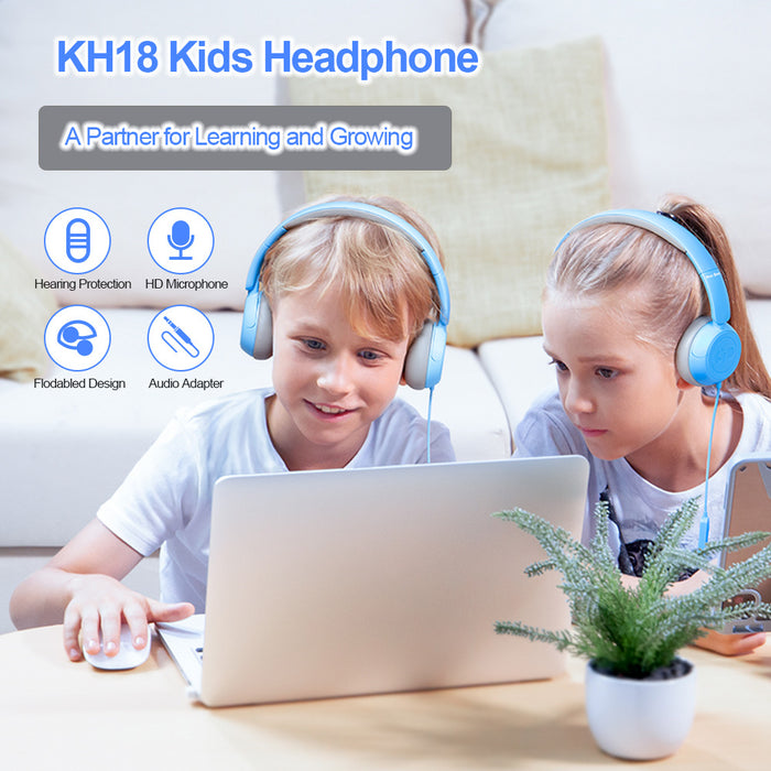 Kids Headphones for School with Microphone On-Ear Folding 85/94dB Volume Control Child Blue(USB-C Adapter Provided)