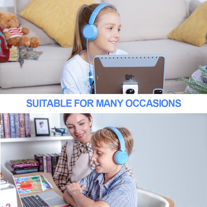 Kids Headphones for School with Microphone On-Ear Folding 85/94dB Volume Control Child Blue(USB-C Adapter Provided)