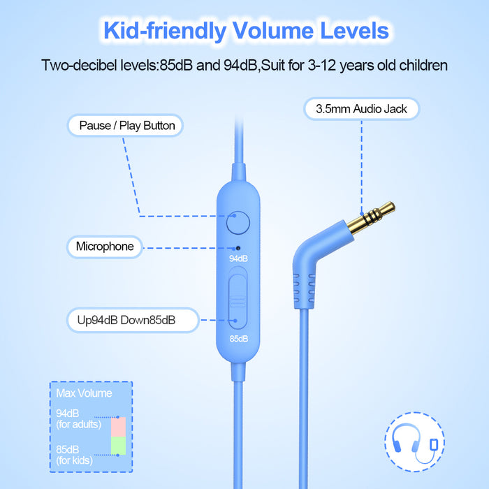 Kids Headphones for School with Microphone On-Ear Folding 85/94dB Volume Control Child Blue(USB-C Adapter Provided)