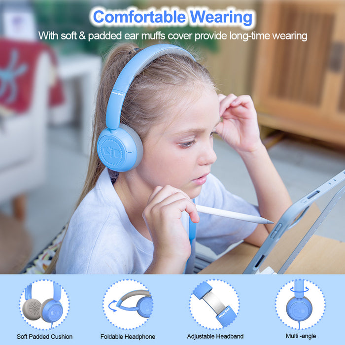 Kids Headphones for School with Microphone On-Ear Folding 85/94dB Volume Control Child Blue(USB-C Adapter Provided)