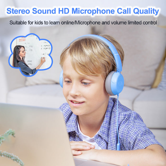 Kids Headphones for School with Microphone On-Ear Folding 85/94dB Volume Control Child Blue(USB-C Adapter Provided)