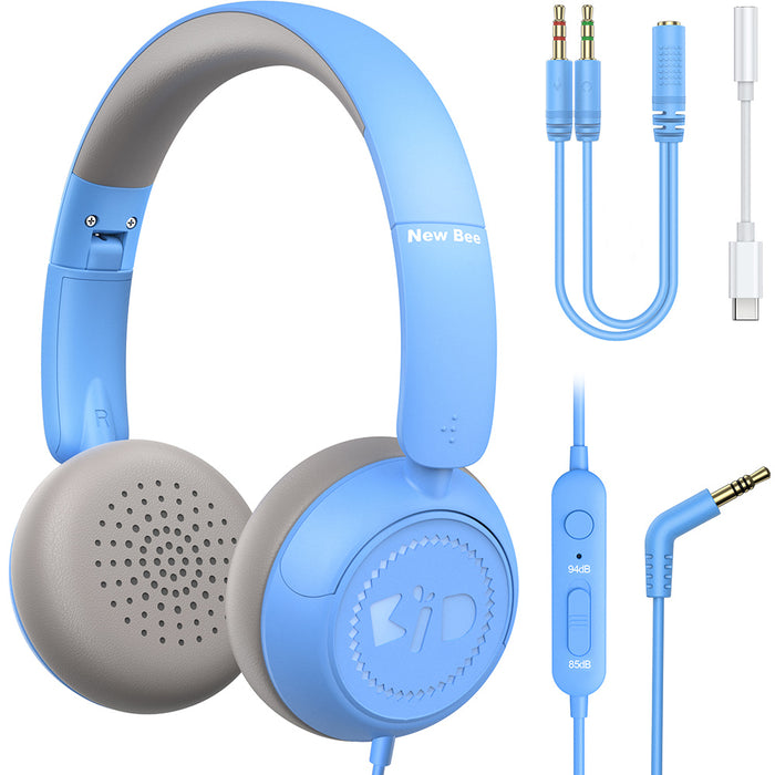 Kids Headphones for School with Microphone On-Ear Folding 85/94dB Volume Control Child Blue(USB-C Adapter Provided)