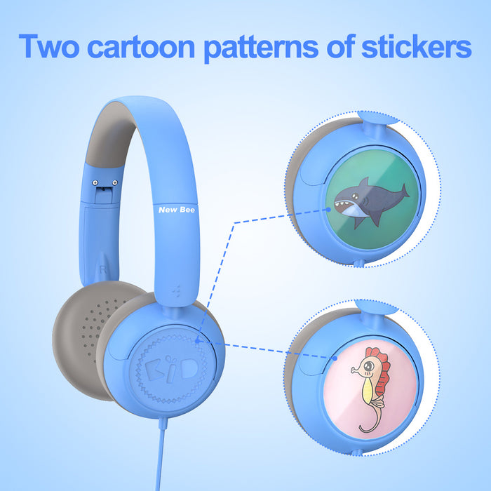 Kids Headphones for School with Microphone On-Ear Folding 85/94dB Volume Control Child Blue(USB-C Adapter Provided)