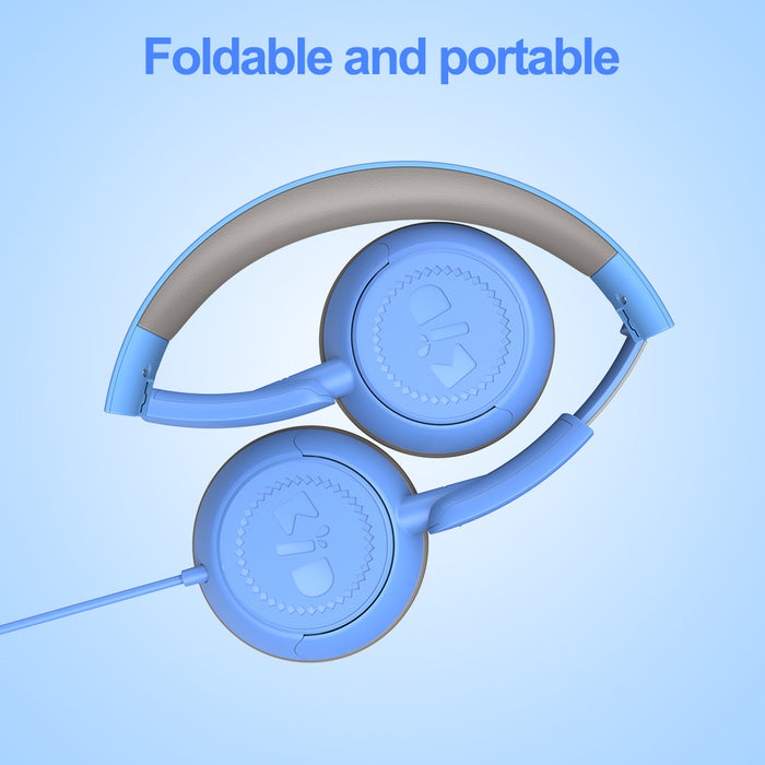 Kids Headphones for School with Microphone On-Ear Folding 85/94dB Volume Control Child Blue(USB-C Adapter Provided)