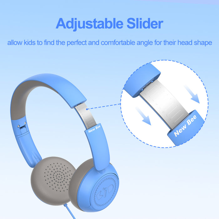 Kids Headphones for School with Microphone On-Ear Folding 85/94dB Volume Control Child Blue(USB-C Adapter Provided)