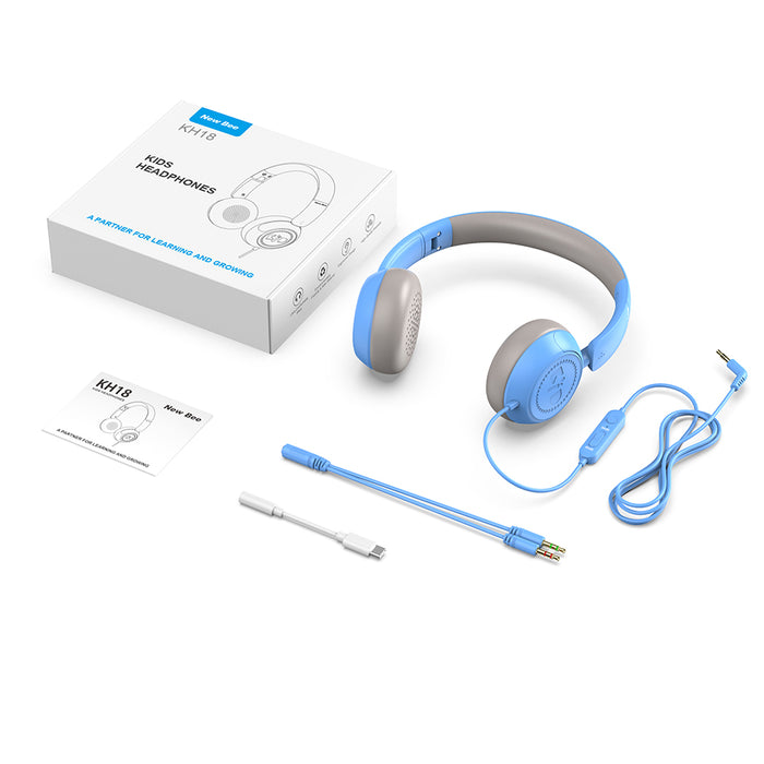 Kids Headphones for School with Microphone On-Ear Folding 85/94dB Volume Control Child Blue(USB-C Adapter Provided)