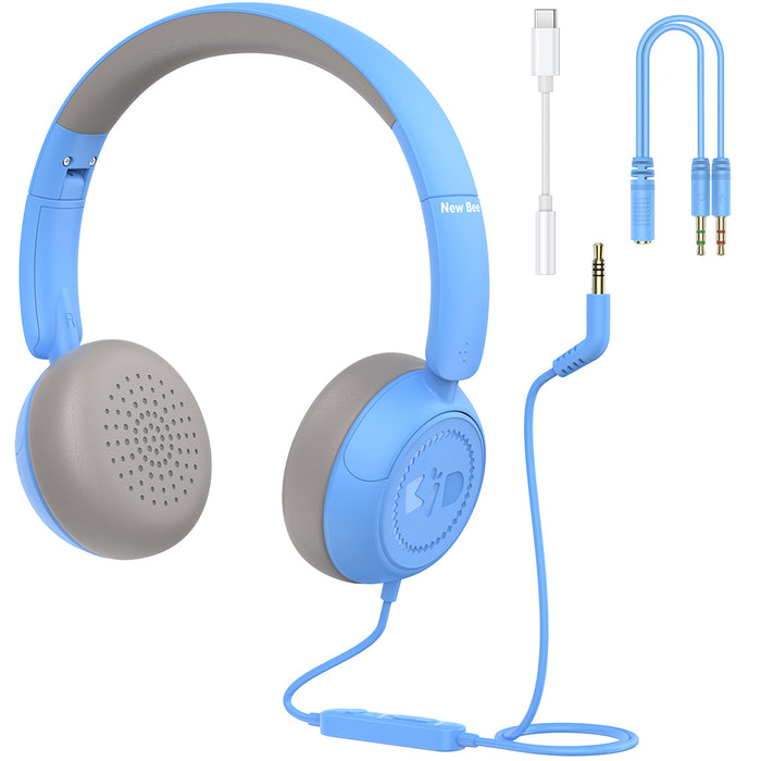 Kids Headphones for School with Microphone On-Ear Folding 85/94dB Volume Control Child Blue(USB-C Adapter Provided)