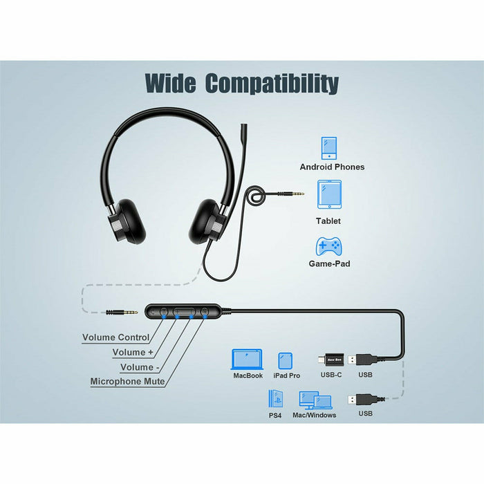 Wired USB Computer Headset for Call Center Office, Meeting, PC, Smartphones and Tablet