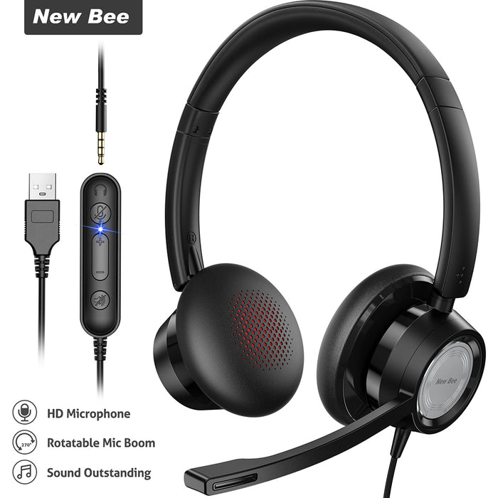 USB Headset Wired Telephone Headphones 2 in 1 3.5mm for Call Center Business Computer Headphone and Office