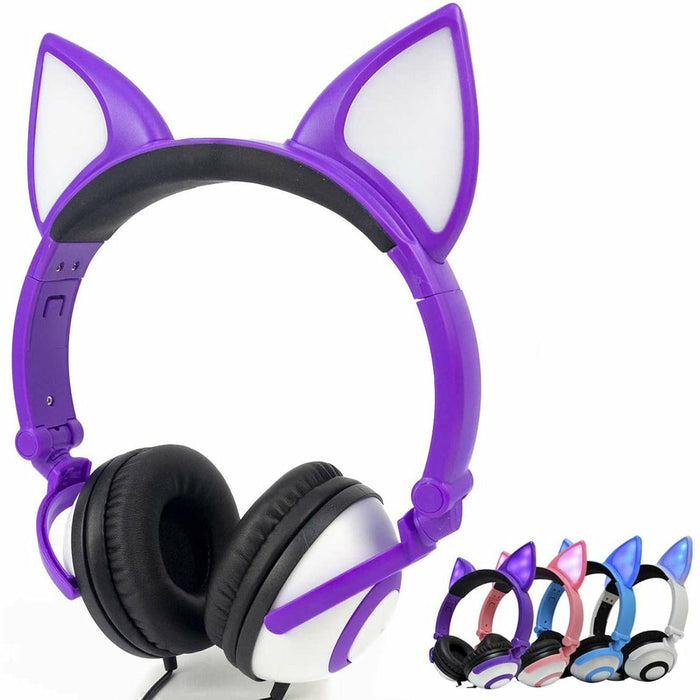 Wired Stereo Headphones, Over-Head LED Glowing Cat Headphones Noise Isolating for Girls Teens Adults iPad Cell Phones PC Tablet Computer (Purple)