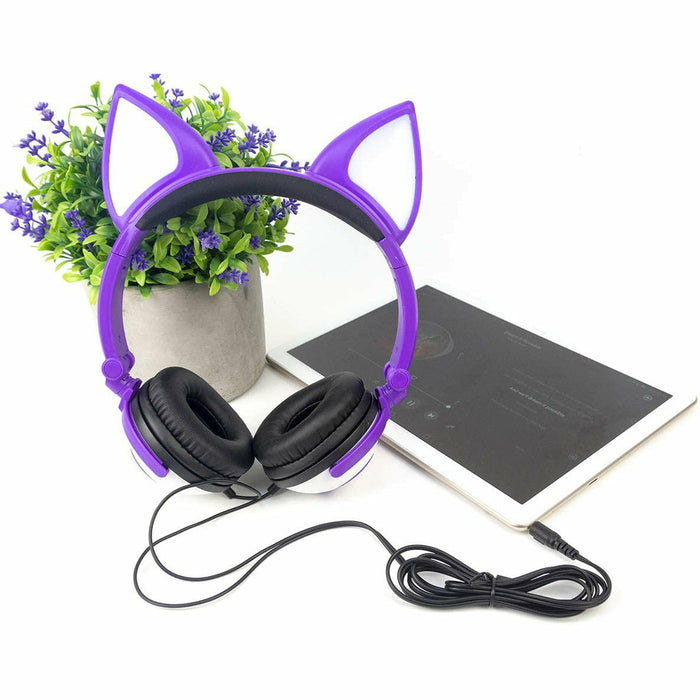 Wired Stereo Headphones, Over-Head LED Glowing Cat Headphones Noise Isolating for Girls Teens Adults iPad Cell Phones PC Tablet Computer (Purple)