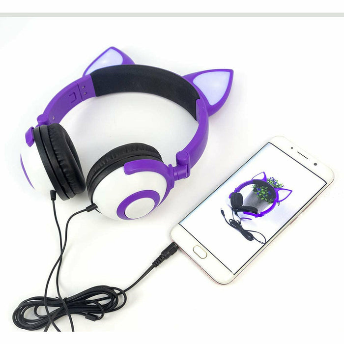 Wired Stereo Headphones, Over-Head LED Glowing Cat Headphones Noise Isolating for Girls Teens Adults iPad Cell Phones PC Tablet Computer (Purple)