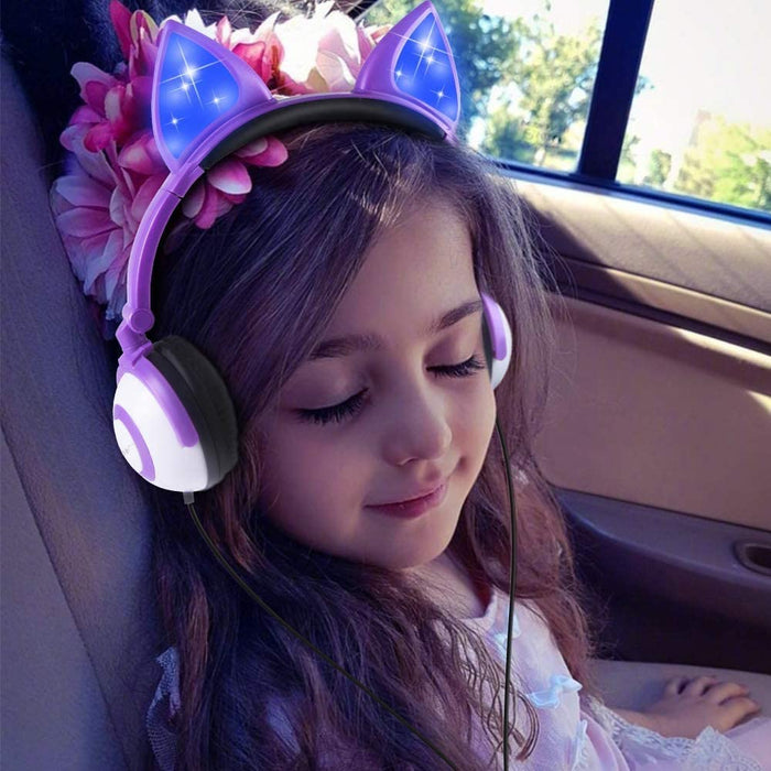 Wired Stereo Headphones, Over-Head LED Glowing Cat Headphones Noise Isolating for Girls Teens Adults iPad Cell Phones PC Tablet Computer (Purple)