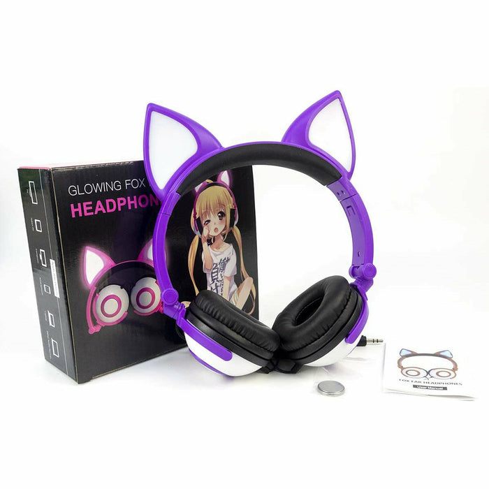 Wired Stereo Headphones, Over-Head LED Glowing Cat Headphones Noise Isolating for Girls Teens Adults iPad Cell Phones PC Tablet Computer (Purple)