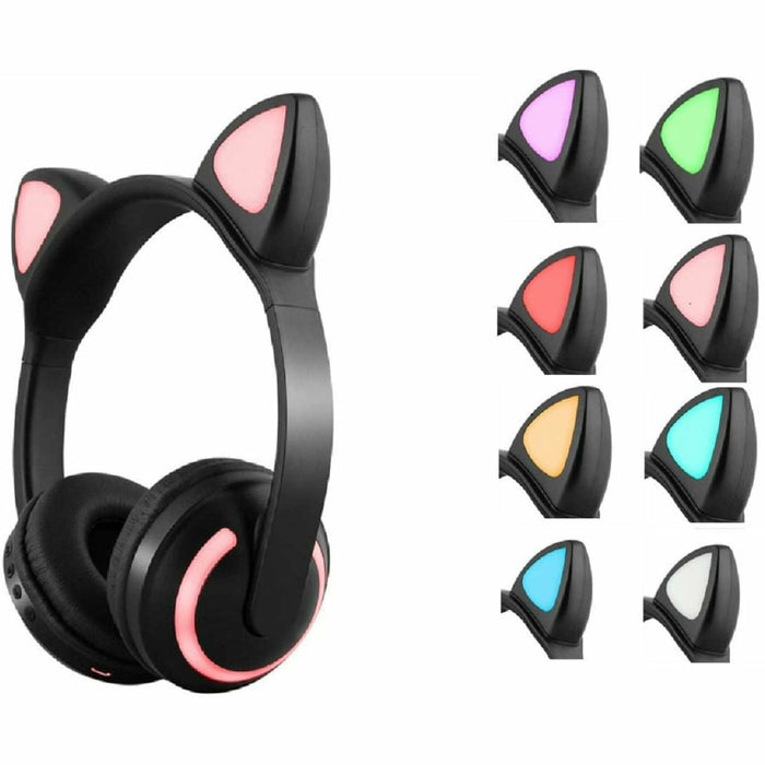 Cat Ear Headset  Wireless/ Wired Colorful ( 7 colors ) Light Folding Subwoofer Headset ( Pink/White)
